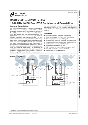 DS92LV1021TMSA datasheet - 16-40 MHz 10 Bit Bus LVDS Serializer and Deserializer