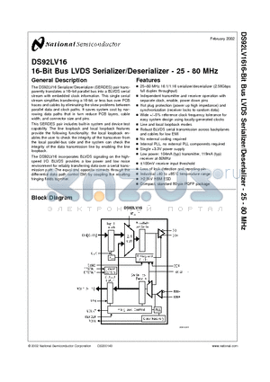 DS92LV16TVHG datasheet - 16-Bit Bus LVDS Serializer/Deserializer - 25 - 80 MHz