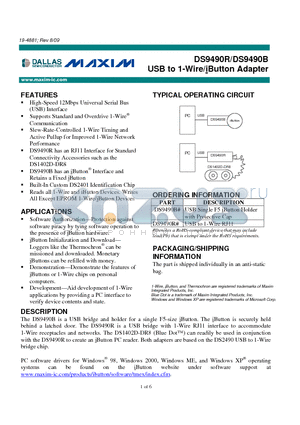 DS9490B datasheet - USB to 1-Wire/iButton Adapter