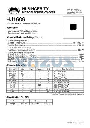 HJ1609 datasheet - NPN EPITAXIAL PLANAR TRANSISTOR