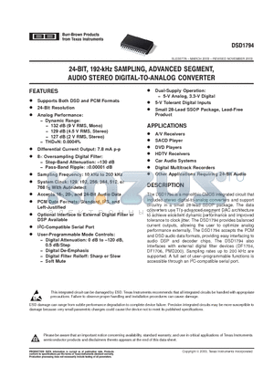 DSD1794 datasheet - 24-BIT, 192-kHz SAMPLING, ADVANCED SEGMENT, AUDIO STRRO DIGITAL-TO-ALALOG CONVERTER