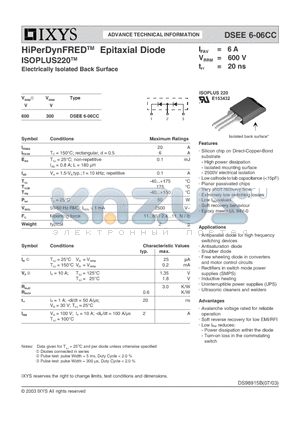 DSEE6-06CC datasheet - HiPerDynFREDTM Epitaxial Diode ISOPLUS220 Electrically Isolated Back Surface