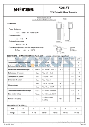 S9013T datasheet - NPN Epitaxial Silicon Transistor