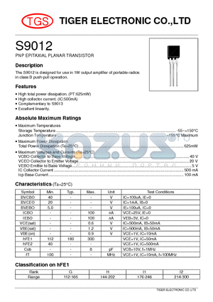 S9012 datasheet - PNP EPITAXIAL PLANAR TRANSISTOR