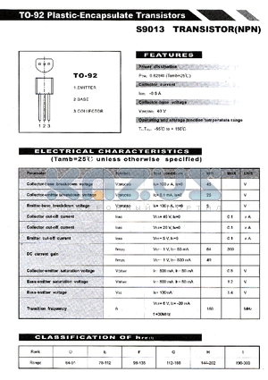 S9013 datasheet - PLASTIC ENCAPSULATE TRANSISTORS