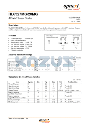 HL6327MG datasheet - AlGaInP Laser Diodes