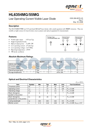 HL6354MG datasheet - Low Operating Current Visible Laser Diode