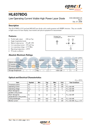 HL6378DG datasheet - Low Operating Current Visible High Power Laser Diode