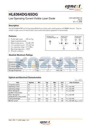 HL6364DG datasheet - Low Operating Current Visible Laser Diode