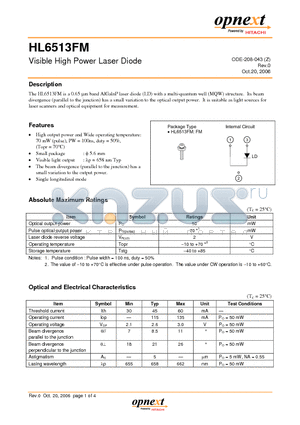 HL6513FM datasheet - Visible High Power Laser Diode