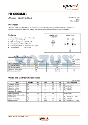 HL6554MG datasheet - AlGaInP Laser Diodes