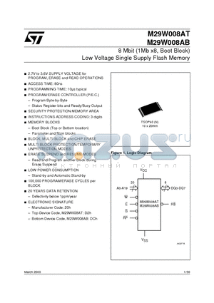 M29W008AB90N1T datasheet - 8 Mbit 1Mb x8, Boot Block Low Voltage Single Supply Flash Memory