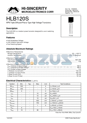 HLB120S datasheet - NPN Triple Diffused Planar Type High Voltage Transistors