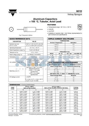 601D datasheet - Aluminum Capacitors  105 `C, Tubular, Axial Lead