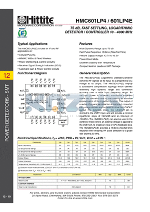 601LP4E datasheet - 75 dB, FAST SETTLING, LOGARITHMIC DETECTOR / CONTROLLER 10 - 4000 MHz