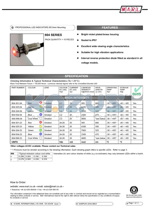 604-998-23 datasheet - PROFESSIONAL LED INDICATORS 5.0mm Mounting