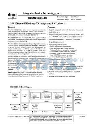 1893CKI-40LF datasheet - 3.3-V 10Base-T/100Base-TX Integrated PHYceiver