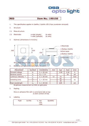 190150 datasheet - GaAlAs / GaAlAs LED Chips (substrate removed)