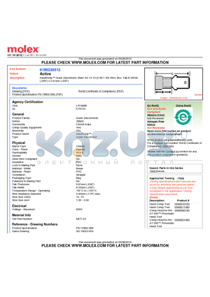 190230012 datasheet - InsulKrimp Quick Disconnect, Male, for 14-16 (2.00-1.30) Wire, Box, Tab 6.35mm(.250