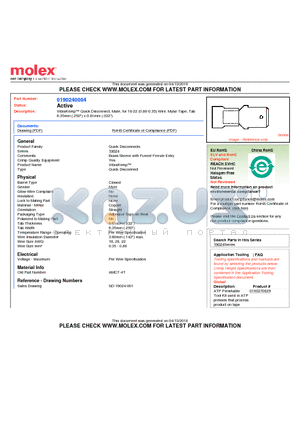 190240004 datasheet - VibraKrimp Quick Disconnect, Male, for 18-22 (0.80-0.35) Wire, Mylar Tape, Tab6.35mm (.250