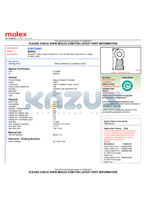 190730087 datasheet - Avikrimp Ring Tongue Terminal for 14 to 16 AWG Wire, Stud Size 10, Length22.48m (.885