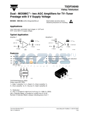 TSDF54040 datasheet - Dual - MOSMIC - two AGC Amplifiers for TV-Tuner Prestage with 5 V Supply Voltage