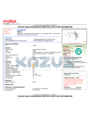 191951007 datasheet - MagKrimp Round Ring Tongue Terminal for 12 AWG Magnet Wire, 10,380-52.480Circular Mil Area, Stud Size 1/4