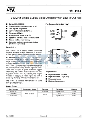 TSH341 datasheet - 300MHz Single Supply Video Amplifier with Low In,Out Rail