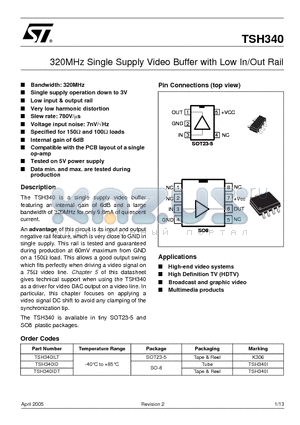 TSH340IDT datasheet - 320MHz Single Supply Video Buffer with Low In/Out Rail