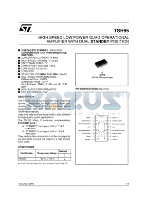 TSH95 datasheet - HIGH SPEED LOW POWER QUAD OPERATIONAL AMPLIFIER WITH DUAL STANDBY POSITION