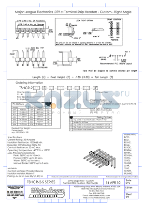 TSHCR-2-S datasheet - .079cl Single Row - Custom Terminal Strip Headers - Right Angle