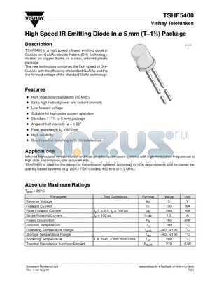 TSHF5400 datasheet - High Speed IR Emitting Diode in ^5 mm (T-13/4) Package