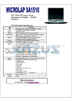 SA1510 datasheet - 15.1 XGA TFT Active Screen Pentium 4 to 3.06GHz 8X DVD 5USB 2.0