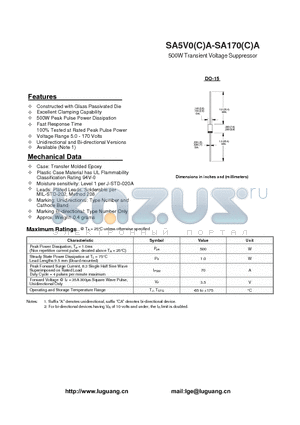 SA150 datasheet - 500W Transient Voltage Suppressor