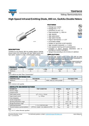 TSHF6410 datasheet - High Speed Infrared Emitting Diode, 890 nm, GaAlAs Double Hetero