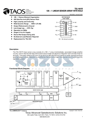 TSL1401R datasheet - 128  1 LINEAR SENSOR ARRAY WITH HOLD