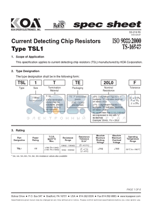 TSL1TTE20L0F datasheet - Current Detecting Chip Resistors