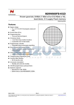 M29W800FB-KGD datasheet - Known good die, 8-Mbit (1 Mbit x 8 or 512 Kbits x 16), boot block, 3 V supply Flash memory