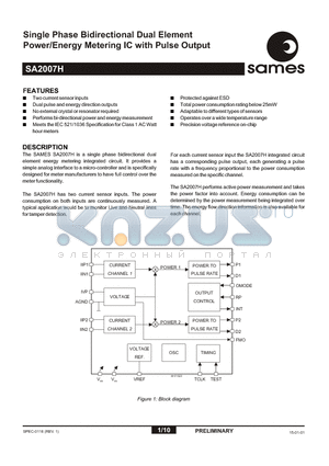 SA2007H datasheet - Single Phase Bidirectional Dual Element Power/Energy Metering IC with Pulse Output