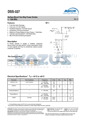 DSS-327PIN datasheet - Surface Mount Two-Way Power Divider, 5 - 1000 MHz