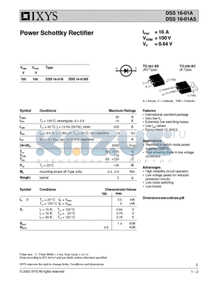 DSS16-01A datasheet - Power Schottky Rectifier
