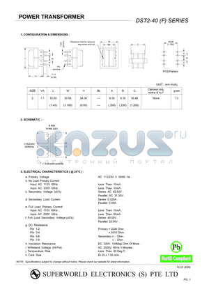 DST2-40 datasheet - POWER TRANSFORMER