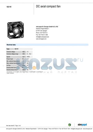 622H3 datasheet - DC axial compact fan