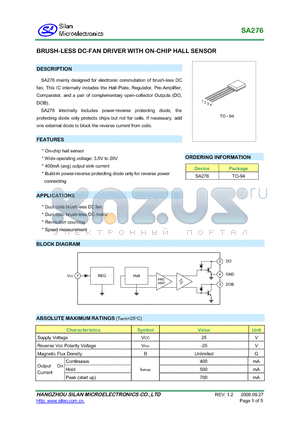 SA276 datasheet - BRUSHLESS DCFAN DRIVER WITH ONCHIP HALL SENSOR