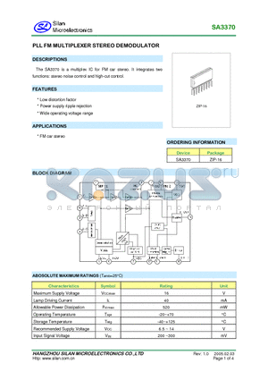 SA3370 datasheet - PLL FM MULTIPLEXER STEREO DEMODULATOR