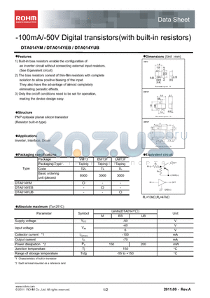 DTA014YEB datasheet - 100mA/-50V Digital transistors(with built-in resistors)