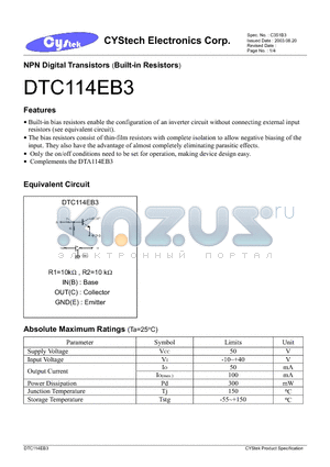 DTA114EB3 datasheet - NPN Digital Transistors (Built-in Resistors)