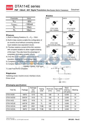 DTA114EM datasheet - PNP -100mA -50V Digital Transistors