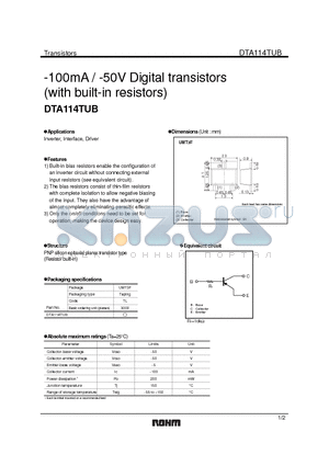 DTA114TUB datasheet - -100mA / -50V Digital transistors