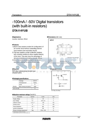 DTA114YUB datasheet - -100mA / -50V Digital transistors